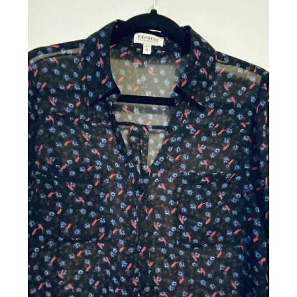 Express Portofino Shirt Womens Medium Floral Sheer Long Sleeves Black Boho - Picture 2 of 7